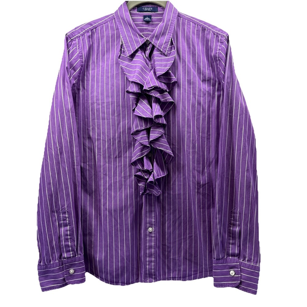 Chaps Women's Top Blouse Sz L Purple White Stripe Ruffles Button Up Long Sleeves